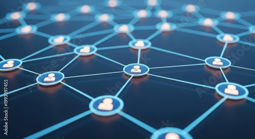 Glowing Digital Network of Connected People Icons on a Dark Blue Background
