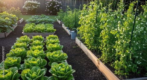 A lush garden with vibrant green plants and flowers, set against a backdrop of a wooden fence and a clear blue sky.