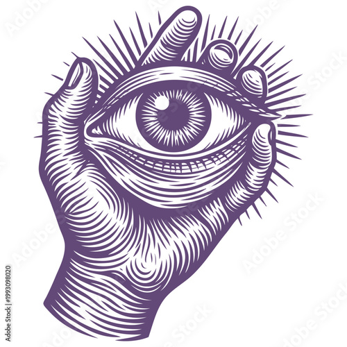 The All-Seeing Eye of Providence in a hand. A masonic, esoteric, and spiritual symbol of enlightenment. Vector illustration in a vintage woodcut style.