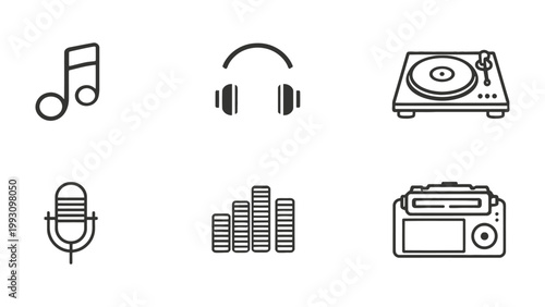 Musical Ensemble: a minimalistic representation of musical elements that form a symphony of artistic expressions. The set contains a music note, headphone, turntable, microphone, equalizer.