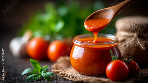 Tomato sauce dripping from wooden spoon in rustic kitchen setting  