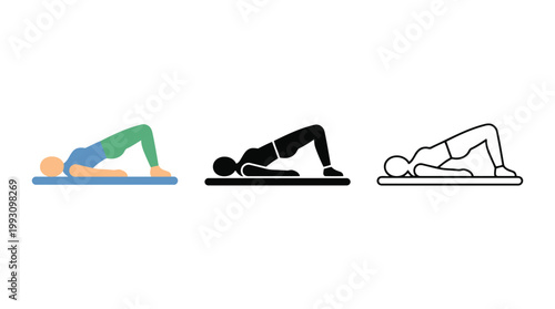 Glute bridge exercise vector icon set isolated on a white background fitness workout.