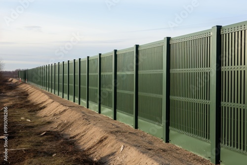 Long green sound barrier fence along a sandy track and open sky