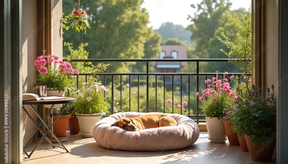 Obraz premium Dog rests on soft bed on sunny balcony with blooming potted plants. Enjoying peaceful day outdoors near green summer garden, home comfort and relaxation.