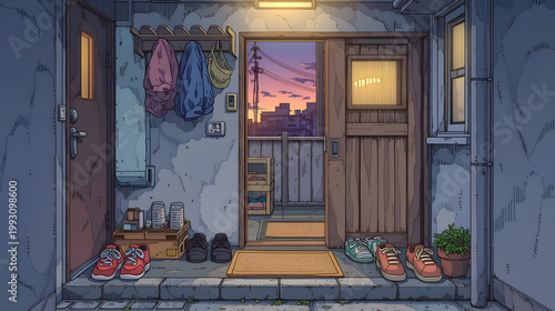 A Cozy Evening Entrance: Experience the Warmth of Home and Urban Serenity with Shoes, Clothes, and a Beautiful Sunset View in This Inviting Lifestyle Scene