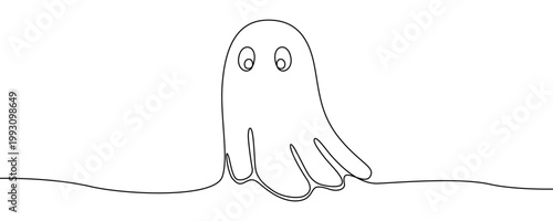 Illustration of a cute ghost silhouette with eyes, made in one continuous line. Minimalist spooky character drawing with a black stroke on a white background, vector illustration.