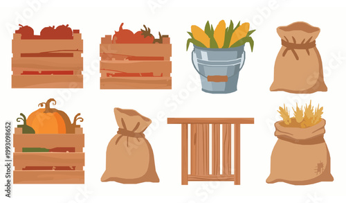 Cartoon farm harvest storage elements set with vegetables tools and grain sacks isolated on white background vector design