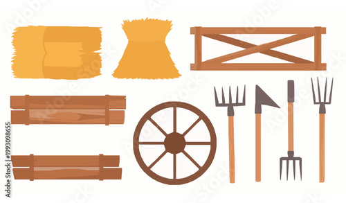 Farm barn interior elements set with hay stacks wooden tools and harvest vegetables isolated on white background vector illustration