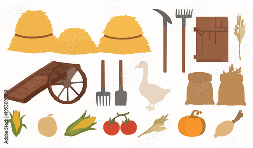 Rustic farm barn collection with hay, tools, vegetables and animals isolated element set on white background vector illustration