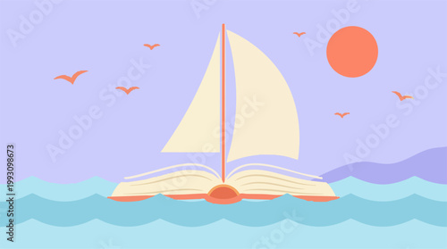 Creative book sailboat illustration on calm ocean waves with sun and birds