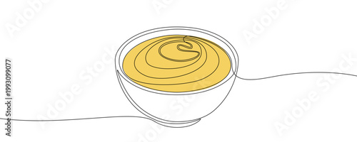 Illustration of a bowl with yellow sauce, made in one continuous line. Minimalistic drawing of a sauce boat with mustard or cheese dip in the style of one line art. Vector illustration.