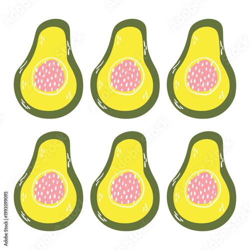 Halved avocado illustrations with pink pit and yellow flesh