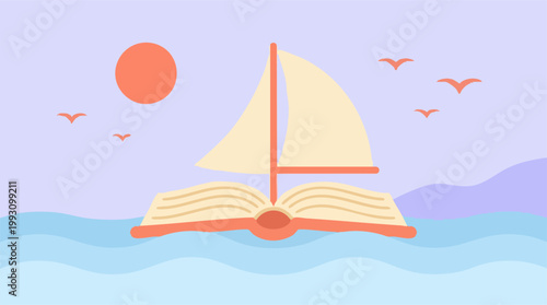 Open book as a sailboat on the sea, symbolizing imagination and adventure