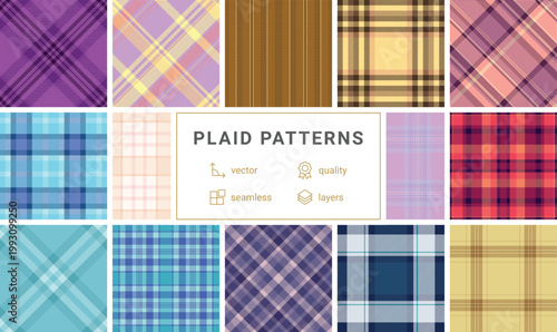 Plaid bundle for bags and backpacks. Stylish tartan patterns create trendy, functional accessories. Vector format is production-ready.