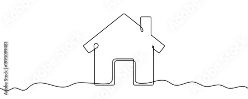 Illustration of a house, made in one continuous line. Minimalistic drawing of a dwelling with a chimney in the style of one line art. Vector illustration.