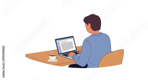 Person working on a laptop with a coffee, concept of creativity