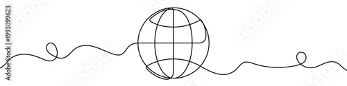 Illustration of a globe with meridians and parallels, made in one continuous line. Minimalistic drawing of the planet in the style of one line art, symbolizing globality and travel. Vector illustratio