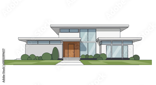 Modern house with clean lines and minimalist landscaping.