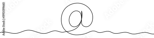 Illustration of the at symbol, made in one continuous line. Minimalistic drawing of the email sign in the style of one line art. Vector illustration.