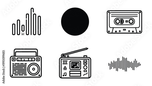 Musical Elements: a collection of minimalistic illustrations showcasing various aspects of sound and music, including waveforms, circular icons, cassettes, radio.