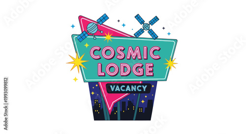 Retro Cosmic Lodge motel sign with vacancy displayed.
