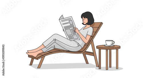 Woman reading newspaper on a lounge chair with coffee