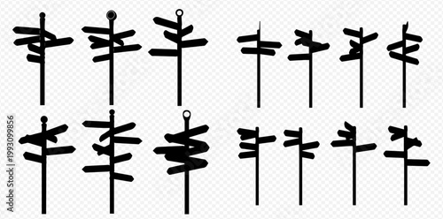 Set of Various Hand-Drawn Directional Signpost Icons on Transparent Background.