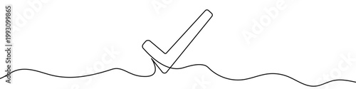Illustration of a check mark symbol, made in one continuous line. Minimalistic drawing of a confirmation, agreement, or success sign in the style of one line art. Vector illustration.