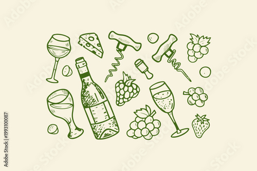 Wine and cheese celebration elements including a bottle of wine glasses corkscrews grapes strawberries green outline on beige with wine glass party elements food and drink alcoholic bever