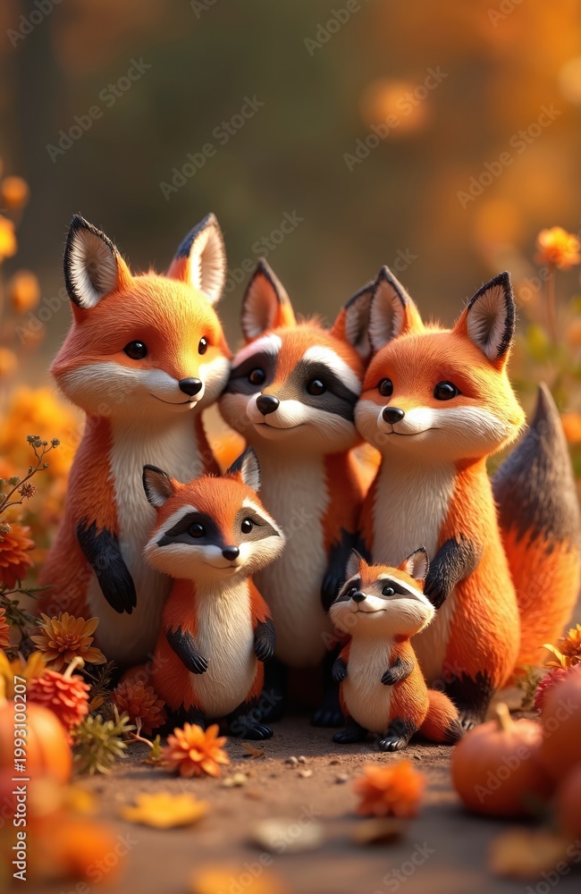 Fototapeta premium Cute family of fox and raccoon figurines arranged with autumn flowers and pumpkins. These adorable characters represent a joyful woodland gathering in nature.