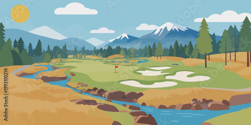 Golf Course with River and Mountain View