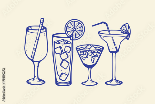 Mixed cocktail glasses with ice citrus slices straws hand drawn food and drink cocktails beverages refreshments illustration background celebration happy hour mixology restaurant