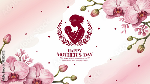 happy mother's day floral greeting card with orchid flowers, mother and baby silhouette in floral wreath background, elegant pink orchids banner for mother's day celebration, watercolor mother's day b