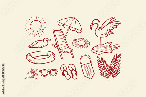 Summer beach and tropical vacation elements with beach chair flip flops inflatable ring swim ring palm tree hand drawn flamingo umbrella sunglasses tropical vacation relaxation