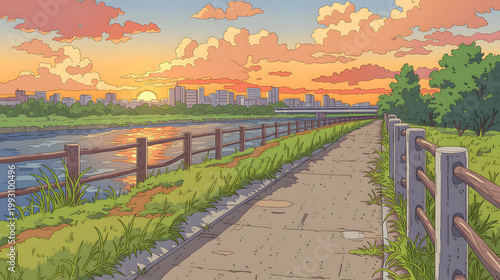 Charming Sunset Over a Serene River Walkway: A Stunning Guide to Tranquil Urban Landscapes and Natural Beauty Amidst Evening Bliss