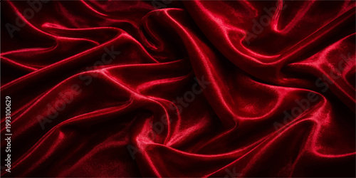 Smooth red silk and satin fabric textile creates a luxury background texture with elegant shiny waves and soft drapery curves for a decorative red velvet abstract backdrop