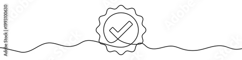Illustration of a guarantee sign with a check mark, made in one line. Minimalistic symbol of quality or approval. Vector illustration.