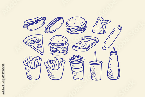 Fast food icons hand-drawn collection with hot dog french fries drink cup soda cup ketchup bottle junk food white background line art burger bun snack food collection sandwich