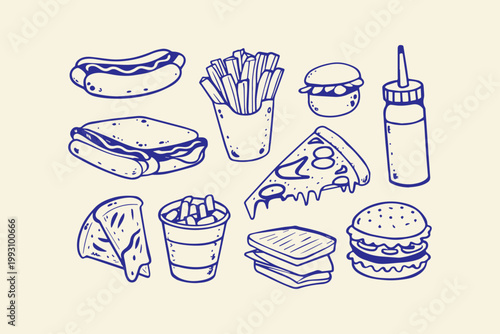 Fast food menu icons hand drawn with hot dog french fries ketchup bottle drink cup junk food white background line art burger bun snack food sandwich illustration minimalist