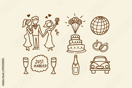 Hand-drawn sketch icons for a wedding a couple cake champagne rings car globe with just married champagne marriage celebration happiness illustration together ceremony transport