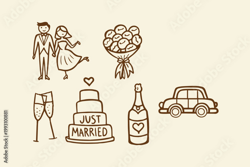 Drawn icons for a wedding celebration including a couple 'just married' cake champagne getaway car with champagne marriage celebration happiness illustration together ceremony