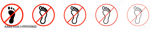 Set of icons with a crossed-out footprint in a red circle. Graphic elements with different line weights, indicating no walking. Vector illustration.