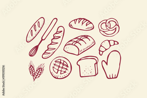 Drawn loaf breads baguettes croissant pretzel wheat stalks with baked goods hand drawn food and drink bakery products bakery art artisan bread whole wheat rye bread french bread