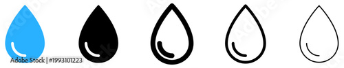Set of water drop icons with different line weights. Graphic elements in blue and black-and-white colors, symbolizing moisture, purity, or natural resources. Vector illustration.