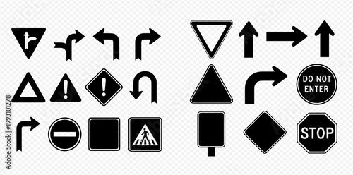 Collection of various black and white traffic and road signs for navigation and safety.