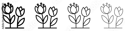 Set of tulip flower icons on a flowerbed. Graphic elements with different line weights, symbolizing spring bloom, gardening, or flora. Vector illustration.