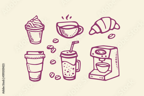 Sketch of coffee drinks croissant coffee maker with coffee beans hand drawn iced coffee hot coffee cups coffee break food and drink croissant illustration beverage