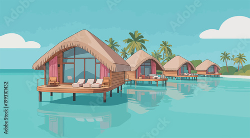 Overwater Bungalows with Thatched Roofs by Clear Blue Sea
