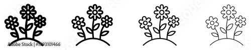 Set of flower icons on a flowerbed. Graphic elements with different line weights, symbolizing spring bloom, garden, or flora. Vector illustration.