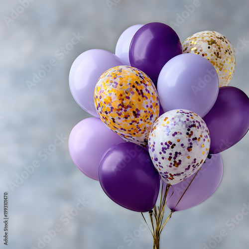 Balloons in shades of purple and violet are gathered together